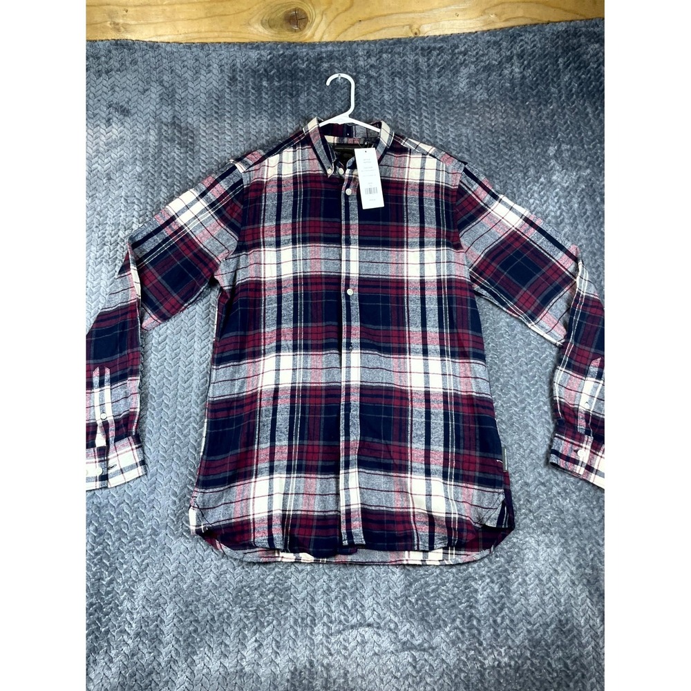French Connection Shirt Mens Medium Blue Maroon Plaid Flannel Casual Button Down
